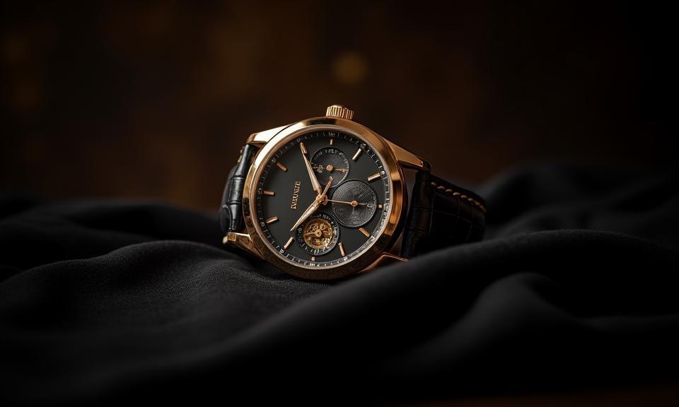 The Artisan watch, a gold-toned watch with a detailed dial and black leather strap, on a soft cloth.